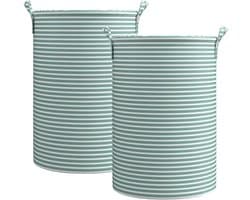 Wasmand Opbergmand Opvouwbaar - Set van 2 - XXL Formaat - Stoffen Wasmand - Voor Wasgoed Speelgoed en Kleding - Groen Gestreept