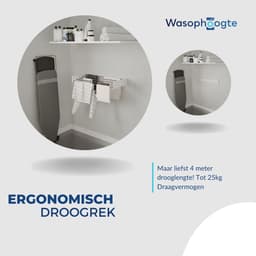 Wasophoogte® Wanddroogrek - Wasrek inklapbaar - Wasrek Hangend - Droogrek inklapbaar - 80cm - 4m drooglengte - Wit - inclusief boormal - 2 STUKS — thumbnail 4