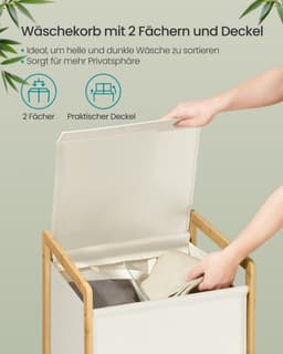 Wasmand – Met bamboe frame – Twee compartimenten – Afneembaar deksel – 100 L – Crèmewit – 45 x 40 x 78 cm — thumbnail 3