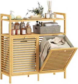 JAQZY Wasmand - Wassorteerder 2 Vakken - Wasmand Meubel - Opbergsysteem - 82 × 33 × 88 cm - Praktisch - Stijlvol - Bamboe — thumbnail 1