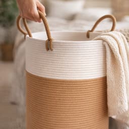 Wasmand Spieringstore - Gevlochten Katoen - Opbergmand Speelgoed - Handvatten - 35x50cm - Wit Camel — thumbnail 2