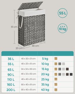 SONGMICS - Wasmand - Wasmand van Synthetisch Rattan - Met Deksel en Handgrepen - Opvouwbaar en Uitneembare Waszak — thumbnail 2