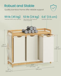 Conway Living® Wasmand 3 vakken – wassorteerder - wasmanden - wasbox - wasmand hout - wasmand - wasmanden bruin - 150 liter - 3 zakken - uitschuifbaar met plank - 94 x 33 x 78 cm — thumbnail 2