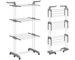 Shrivee 3-laags droogrek, opvouwbaar met 2 roterende vleugels, hoogte 178 cm, opvouwbare poten, ruimtebesparend droogrek met wielen voor thuis, balkon en tuin (grijs)