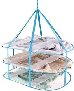 Draagbare opvouwbare netmand voor het drogen van truien - 3 niveaus - winddicht - textielnet - blauw - compact opvouwbaar — thumbnail 1