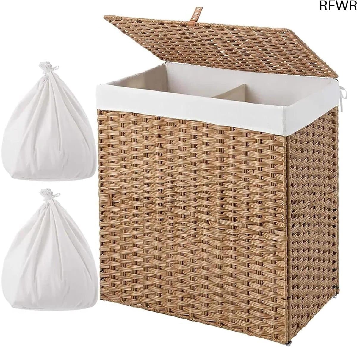 RFWR® Dubbele Wasmand met Deksel - Rieten Wasmand voor Badkamer en Slaapkamer — afbeelding 1