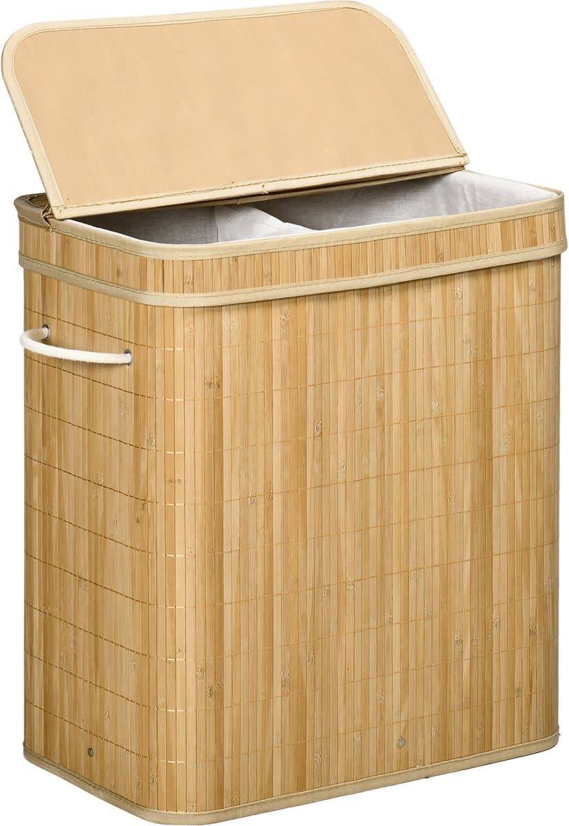4goodz Wasmand Bamboe met Deksel 2 Vakken 90 Liter - Bruin — afbeelding 1