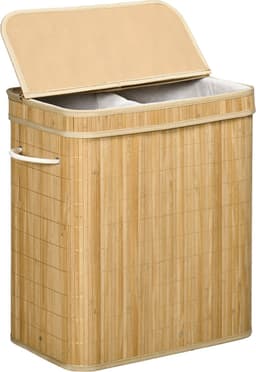 4goodz Wasmand Bamboe met Deksel 2 Vakken 90 Liter - Bruin — thumbnail 1