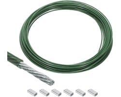 Allecta - Staalkabel 30 meter roestvrij staal 304 met vinyl coating en 6 aluminium hulzen voor wasrek optillen - Groen