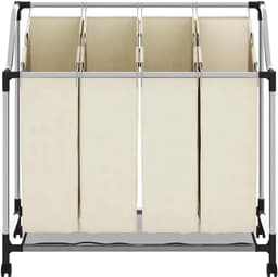 Wasmand met 4 vakken op wielen - wassorteerder met stevig stalen frame voor huishouden, waswagen in crème, 96 x 40 cm — thumbnail 3