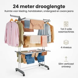 Droogrek Staand - Inklapbaar Wasrek met Wielen - Droogtoren 4 Lagen - 24 Meter Drooglengte - 50 kg Draagvermogen — thumbnail 3