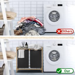 Wasmand met bamboeframe, afneembare en wasbare Oxford-stoffen zak, 2 aparte vakken, wassorteerder voor huishouden, zwart, 73 x 64 x 33,5 cm — thumbnail 3