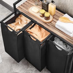 Wasmand Wasgoedmand 87,7 x 33 x 72 cm Zwart+bruin 3 vakken van 40 L voor gescheiden opbergen Met verstelbare poten, uittrekbare en afneembare binnenzak, zijvak en roosterplank Gemakkelijk te monteren en reinigen Geschikt voor wasruimte en badkamer — thumbnail 4