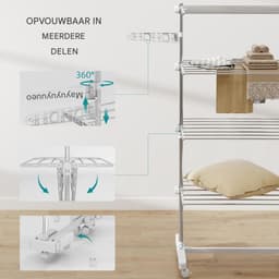 Mobiel wasrek - Wasrek met wielen - Mobiel Wasrek met 6 Wielen - Wit/Zilver RVS - 142x55x172 cm - Vouwbaar en Verstelbaar - Met Sokkenclips — thumbnail 5