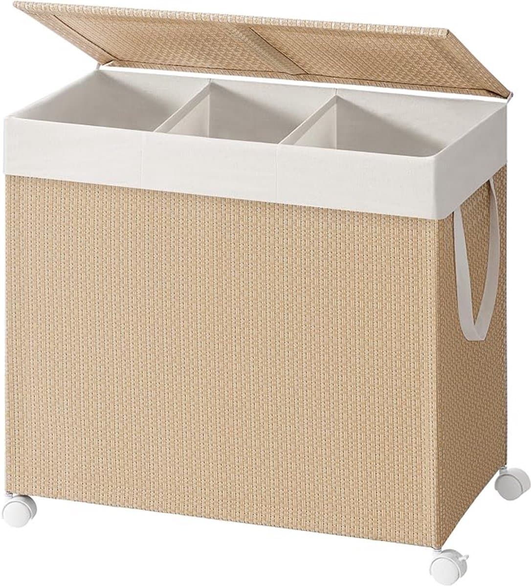 Waskorf 66,5 x 37,5 x 65 cm, Wasmand met 3 Compartimenten, 140 Liter, Vuile Wasmand met Deksel, Uitneembare Waszak met Handvat, 4 Wielen, 2 Remmen, Wasgoed Sorteren, Wasmand van Synthetisch Rotan, Metaal en Polyester-Katoen, Naturel, voor Wasruimte — afbeelding 1