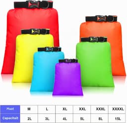 Set van 6 waterdichte tassen, licht, met 15 l, 8 l, 5 l, 4 l, 3 l, 2 l en 2 verstelbare lange schouderbanden voor kajakken, boottochten, Gemengde kleur, outdoor, multifunctioneel — thumbnail 5