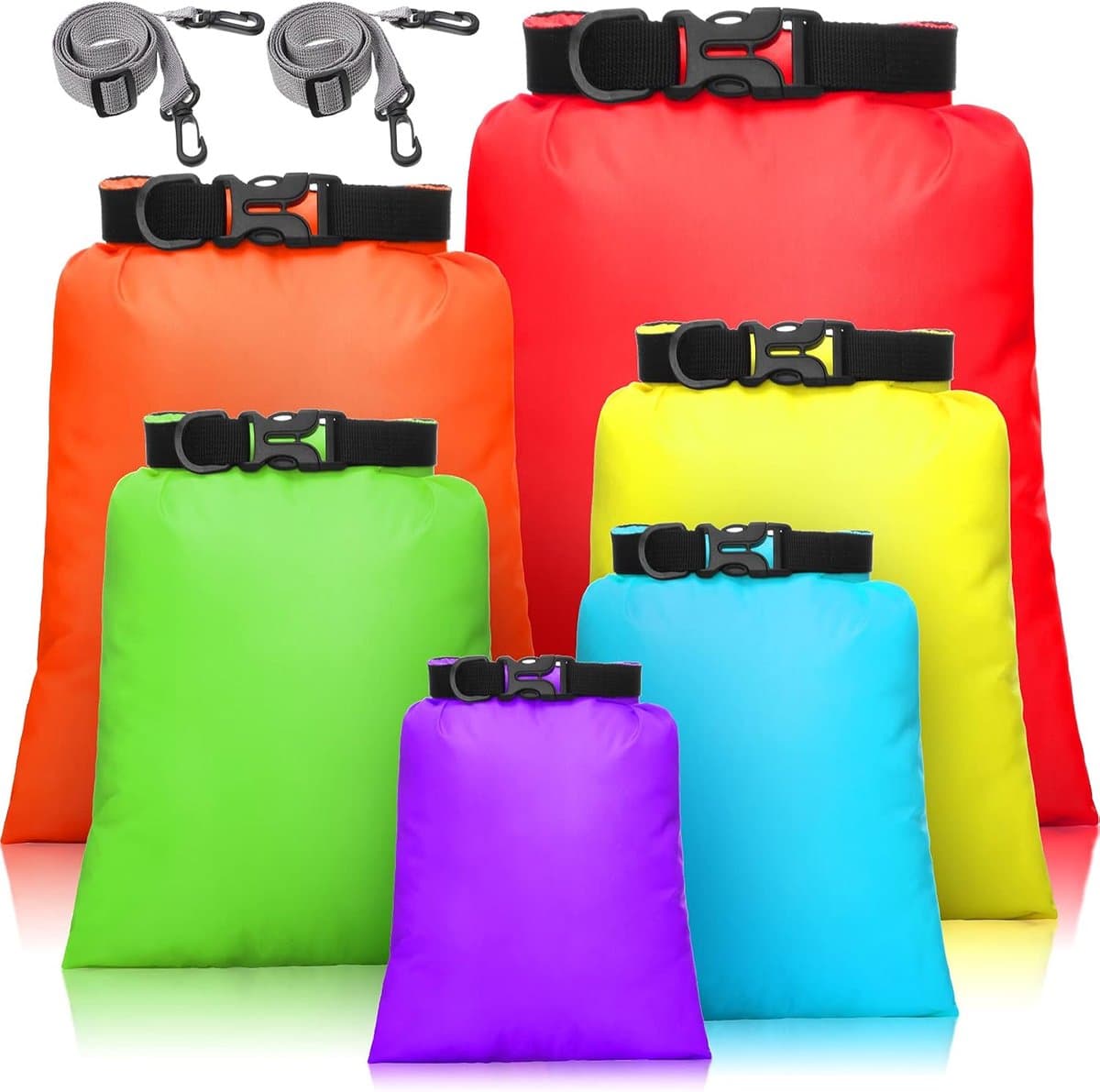 Set van 6 waterdichte tassen, licht, met 15 l, 8 l, 5 l, 4 l, 3 l, 2 l en 2 verstelbare lange schouderbanden voor kajakken, boottochten, Gemengde kleur, outdoor, multifunctioneel — afbeelding 1