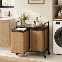 Bamboe wasmand - 2 vakken - 120 liter - Met plank - Waszak - Oprolbaar - 73 x 33 x 78 cm - Bruin — thumbnail 3