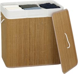 Bamboe wasmand met deksel - Wasmand 3 vakken 144 liter - Wassorteerder met touwhandvatten - Wasbox met deksel - 60x40x60 cm - Was scheiden - Badkamer Natuurlijk — thumbnail 1