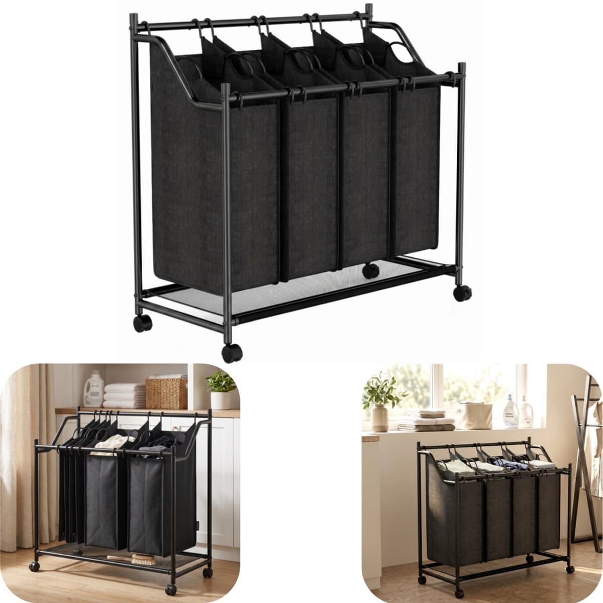 Wasmand - mand voor vuile kleren - wasmand op wielen - speelgoedopbergmand - mand voor kledingindeling - extra groot, diep - gemakkelijk te sorteren - slijtvast - opbergaccessoires - geschikt voor wasruimte, badkamer, balkon (zwart, 86*82cm) — afbeelding 1