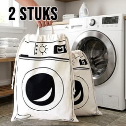 2 Stuks Waszakken met Wasmachine Print - Wasgoed Opbergtas met Trekkoord - Badkamer Was Zak - Laundry Bag - wit-zwart - 65 x 47 cm — thumbnail 1