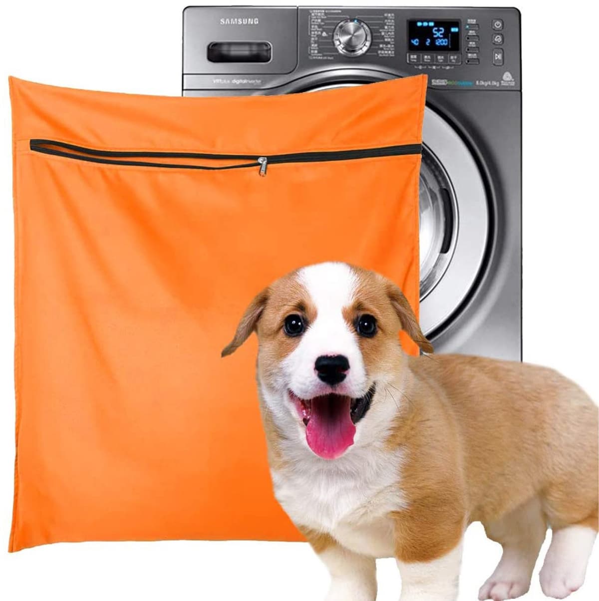 1 stuk - Waszak voor huisdiertextiel - Waszak van twill-polyester - Grote waszak met ritssluiting - Voorkomt dat haren van huisdieren de wasmachine verstoppen - Geschikt voor wasmachines - 70 x 60 cm - Voor honden, katten en konijnen - Oranje — afbeelding 1