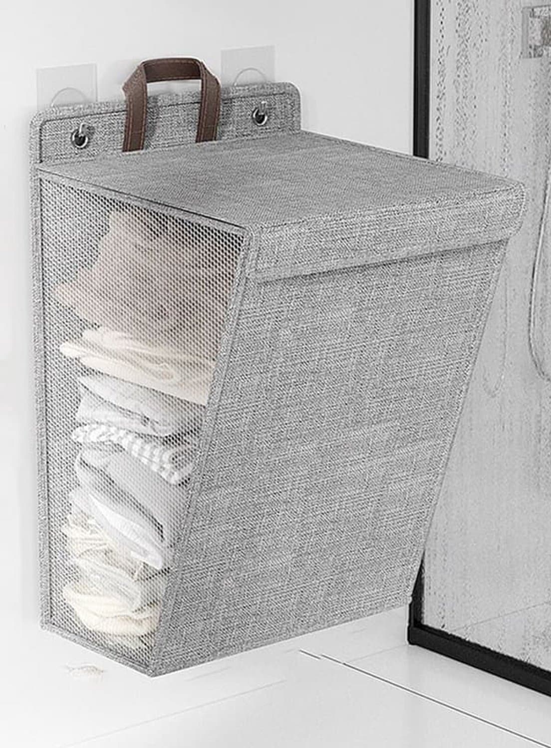 Opvouwbare wasmand met deksel en handvat, ophangbaar, ademende wasmand, grijs. — afbeelding 1