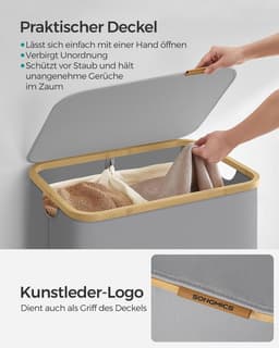 SONGMICS LCB513G01 Wasmand met Deksel, Wasmand met 2 Compartimenten, 130 L, Afneembare Waszak, Oxford Stof, Bamboe Handgrepen, Opvouwbaar, 52 x 38,5 x 70,5 cm, Duif Grijs — thumbnail 4