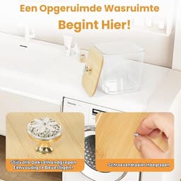 Set van 4 waspods container en droger bladhouder - doorzichtige plastic wasruimte organisatie opslagcontainers met deksels, schepjes en etiketten voor wasmiddelpods, poeder, waskralen, geurboosters — thumbnail 4