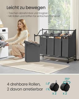 SONGMICS Wasmand met Wielen, Wasmand met 5 Uitneembare Waszakken, Waswagen, voor Wasruimte, Slaapkamer, Badkamer, 5 x 35 L, Leisteengrijs — thumbnail 4