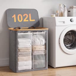 Arvioo-Wasmand-102L-2 vakken-met deksel-bamboe rand-grijs — thumbnail 3