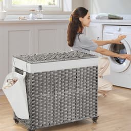 Wasmand met 3 Vakken & Deksel – Grijs Rotan Look – Met Wieltjes & Zijvak – Uitneembare Waszakken – 160L — thumbnail 2