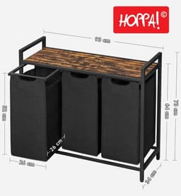 Hoppa! Wasmand - 3 Vakken - Vintage Bruin-Zwart - Inclusief Uitschuifbare Waszakken - 92,5 x 33 x 72 cm (B x D x H) — thumbnail 2