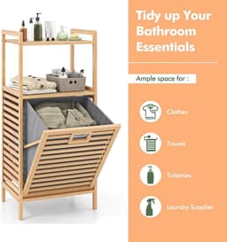 Wasmand met 2 planken van bamboe – Ruimtebesparende en duurzame wasverzamelaar voor badkamer — thumbnail 5