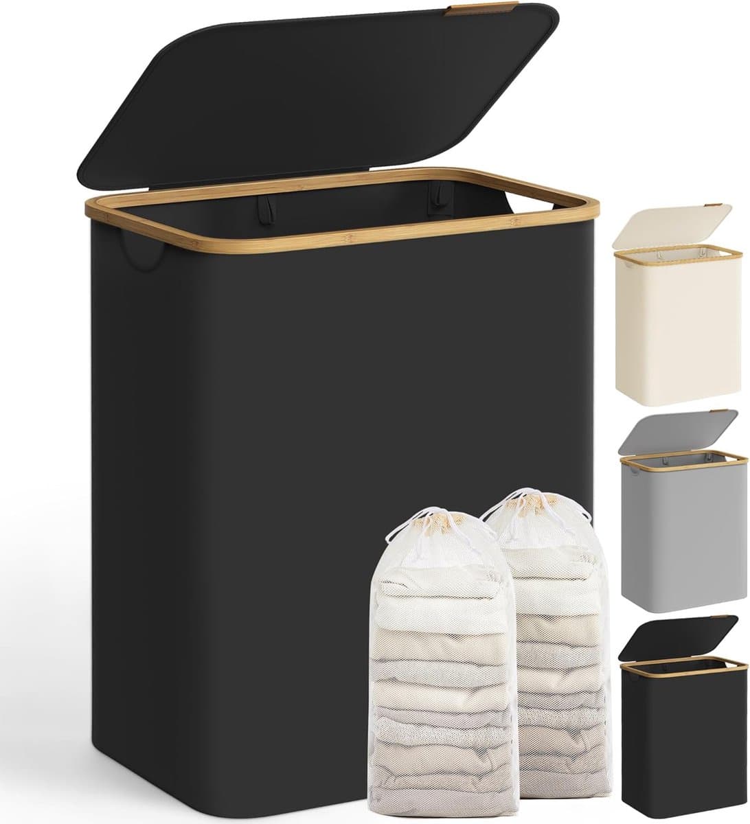 SONGMICS Wasmand met deksel - wasmand met 2 compartimenten - 130 liter - uitneembare waszak - Oxford-stof - bamboe handgrepen - opvouwbaar - 52 x 38,5 x 70,5 cm - inktzwart — afbeelding 1