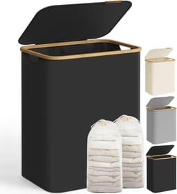 SONGMICS Wasmand met deksel - wasmand met 2 compartimenten - 130 liter - uitneembare waszak - Oxford-stof - bamboe handgrepen - opvouwbaar - 52 x 38,5 x 70,5 cm - inktzwart — thumbnail 1