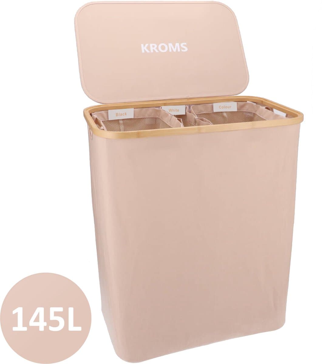 KROMS Wasmand 3 vakken - Zand - Inclusief NL & ENG Labels - Wassorteerder bamboe - Laundry basket - Wasmand met deksel -145 L — afbeelding 1