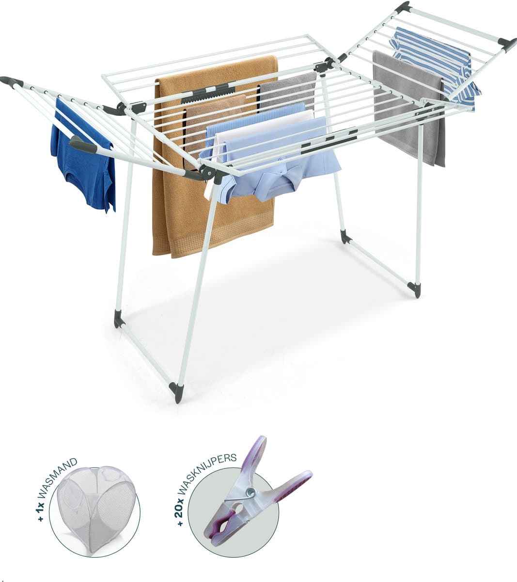 BAUER & MEYER® Droogrek Classic - Wasrek Inklapbaar - Incl. 20 wasknijpers + 1x wasmand - 25 Meter drooglengte + 30kg draagkracht - WIT — afbeelding 1