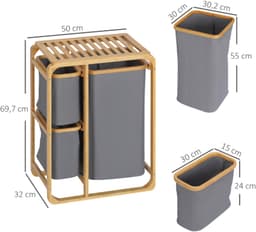 Wasmand Kledingmand Wasgoed Rek Wasopbergmand Met 3 Afneembare Waszakken Geschikt voor Slaapkamer en Badkamer 50x32x69.7cm Houtkleur Bamboe — thumbnail 2