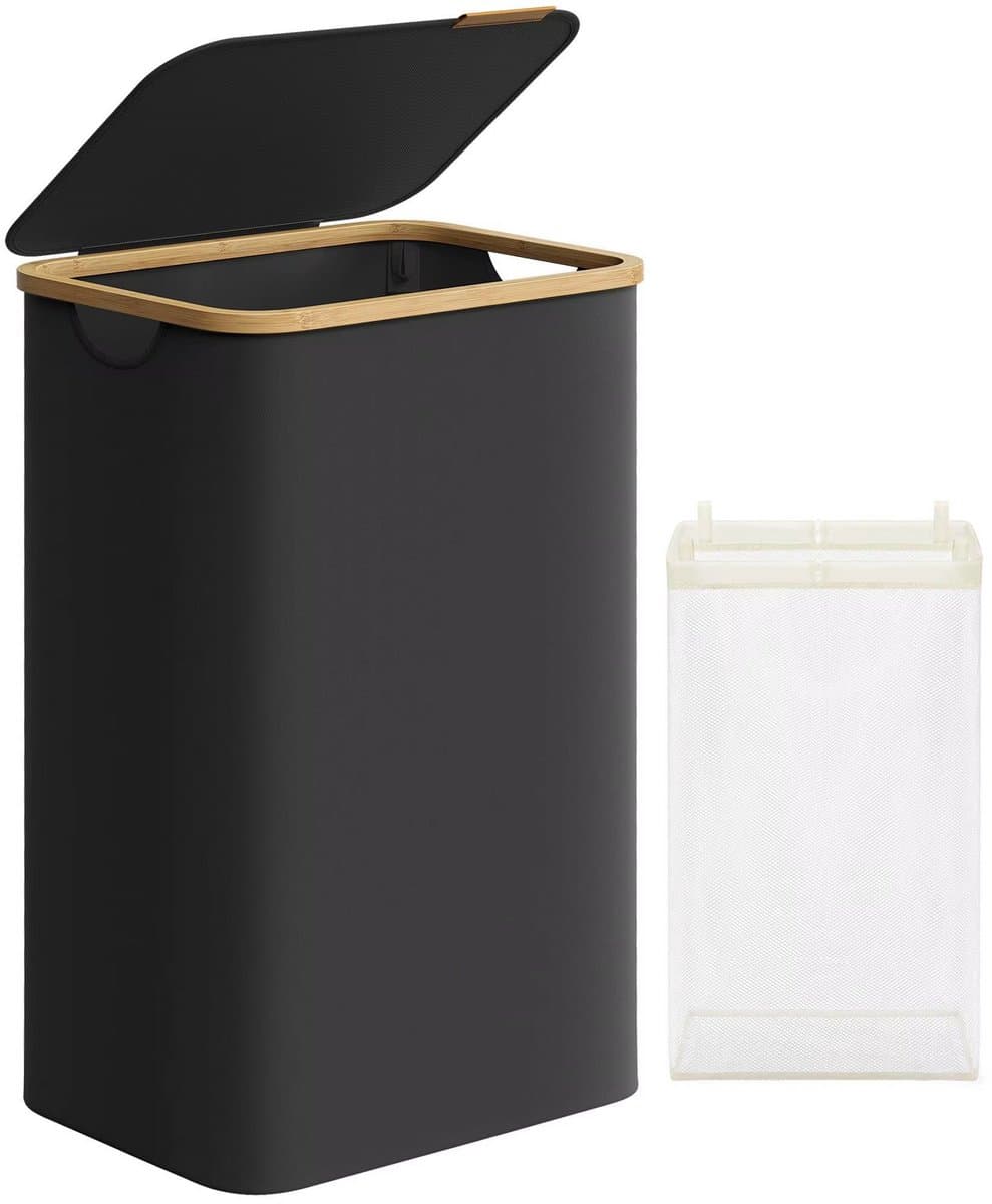 Multisupply Wasmand Met Deksel - Wasinhoud 90 L - Verwijderbare Waszak - Van Stof - Bamboe Handgrepen — afbeelding 1