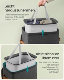Wasmand, 100 L Wasmand, Eenvoudige montage, met deksel en handgrepen, Verwijderbare waszak, 42 x 32 x 75 cm, Inktzwart — thumbnail 5