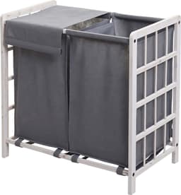 Wasbak MCW-B60, Wasbox wasmand, massief hout 2 vakken 60x60x33cm 68l ~ shabby white, grijs deksel — thumbnail 1