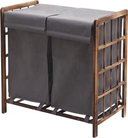 Wasbak MCW-B60, Wasbox wasmand, massief hout 2 vakken 60x60x33cm 68l ~ bruin, grijs deksel — thumbnail 3