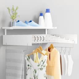 Opbergrek voor muur - 80 cm uittrekbaar droogrek met haken en waslijn - inklapbaar en ruimtebesparend - wit — thumbnail 1