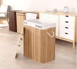 Bamboe Wasmand XL – 100L – Opvouwbaar met 2 Vakken & Deksel – Uitneembare Waszak – 60x40x30 cm — thumbnail 3