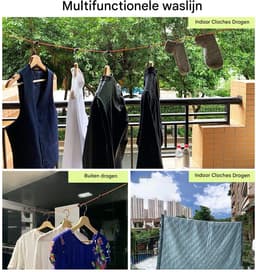 Intrekbare Waslijn - Verstelbare kampeerwaslijn - Draagbare reiswaslijn - Elastische waslijn - Voor buiten/binnen, kamperen, achtertuin, hotel - Met 20 winddichte wasknijpers, 10 stoppers - Oranje, donkerblauw - 32ft/10m — thumbnail 3