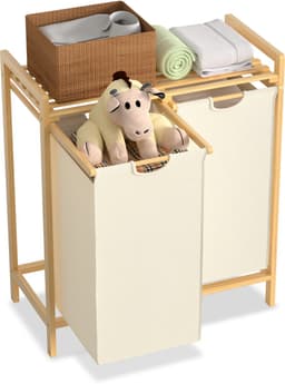 NAIZY Wasmand 2 compartimenten 36L wasbak wassorteerder met bamboe bovenplank en handgrepen wasbox waszak gemaakt van Oxford stof voor wasruimte badkamer, beige — thumbnail 2