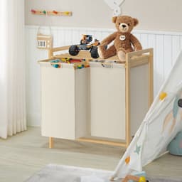 NAIZY Wasmand 2 compartimenten 36L wasbak wassorteerder met bamboe bovenplank en handgrepen wasbox waszak gemaakt van Oxford stof voor wasruimte badkamer, beige — thumbnail 3