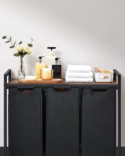 Furnstar Wasmand met 3 Vakken en Plank – Wassorteerder met Uitneembare Waszakken – Wasrek met Metalen Frame – Rustiek Bruin/Zwart — thumbnail 3