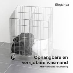 Eleganca ophangbare en verrijdbare wasmand - wassorteerder - wasmand 2 vakken - verstelbare vakverdeling - luxe waskorf - metaal - 32x50x55cm - verrijdbaar/met zwenkwielen — thumbnail 3